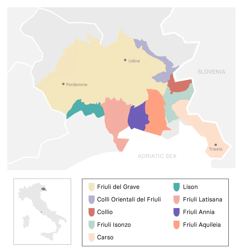 Vinska mapa regije Friuli Venezia Giulia; izvor: lovetoknow.com
