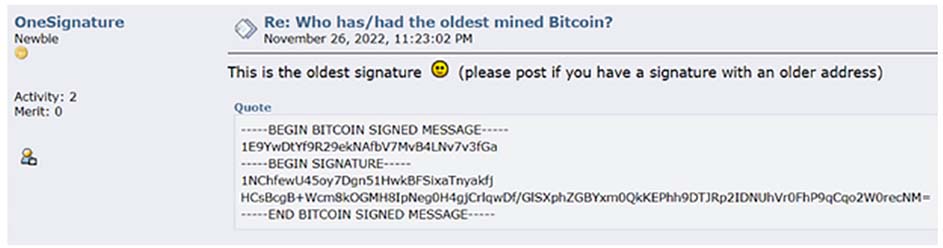 Najstariji Bitcoin zapis podjeljen od profila OneSignature izvor bitcointalkorg