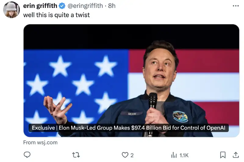 Erin Griffith objava o Musk-ovoj ponudi za Open AI