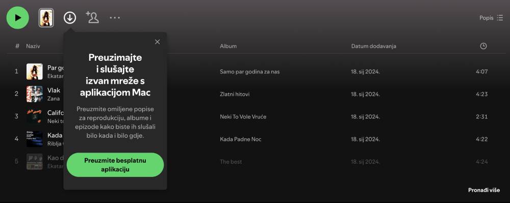 Preuzimanje muzike kako biste slušali u offline mode-u