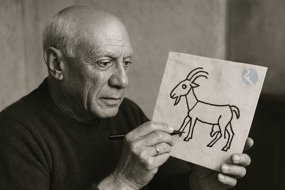 Pablo Picasso crta kozu na salveti (izradio ChatGPT)